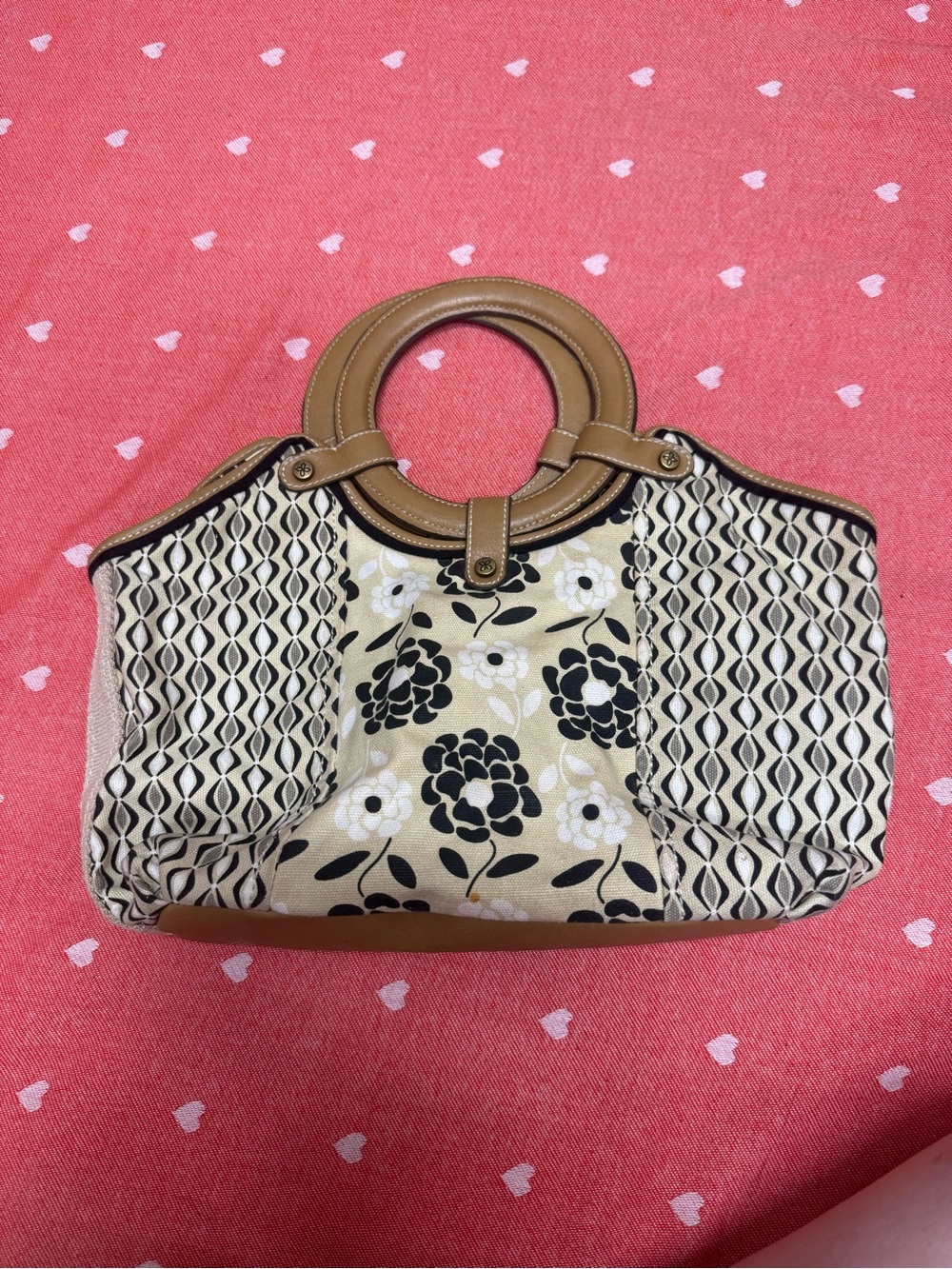 Relic Beige and Black Floral Tote with Tan Round Handles